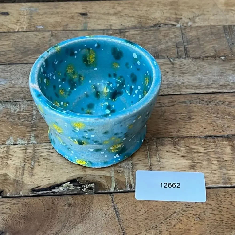 Handmade Clay Pottery Bowl Blue Yellow Speckled Crackle Glaze Artist Signed